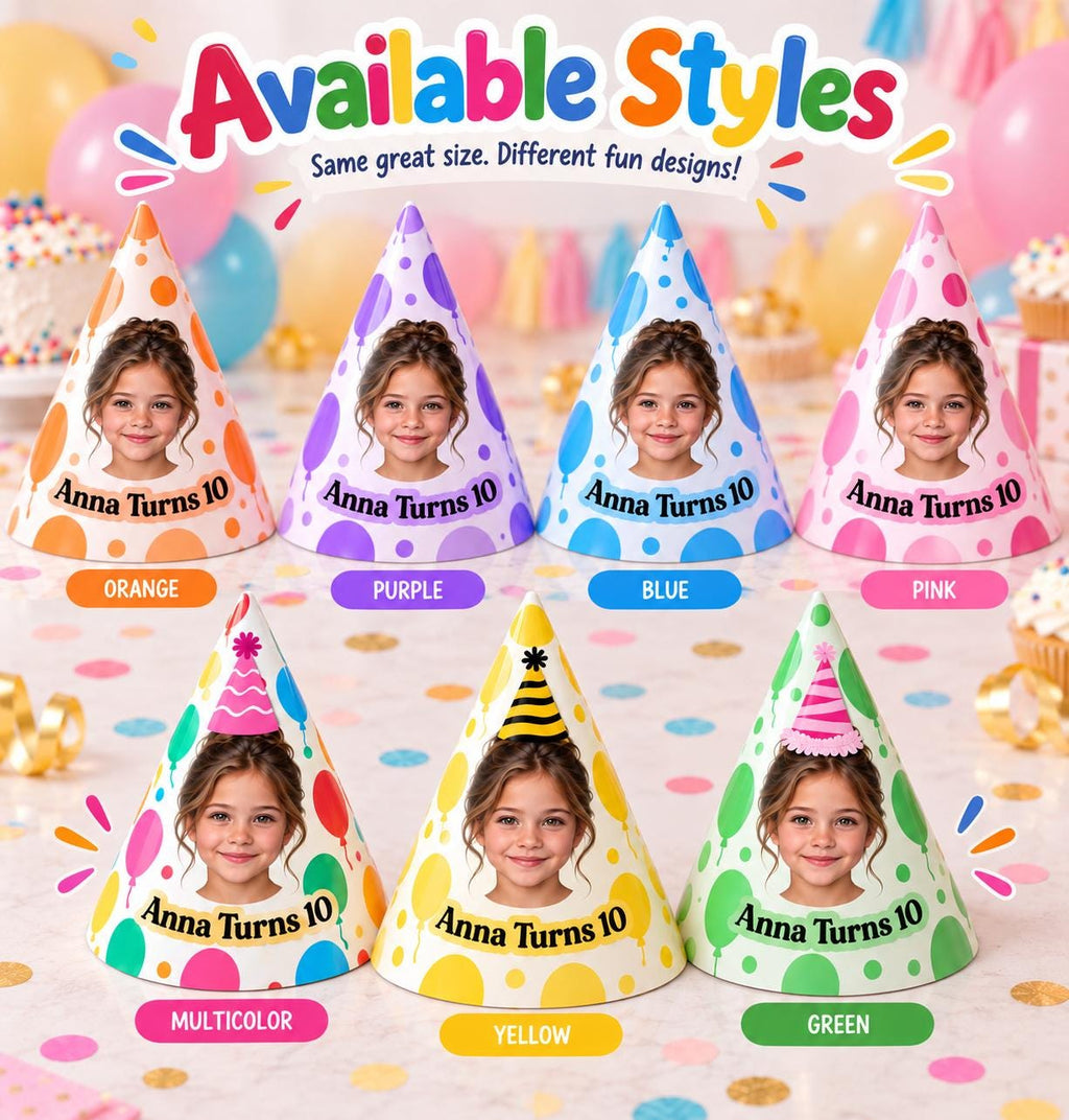 Personalized Birthday Party Hats with Photo, Custom Face Party Hat, Balloon Birthday Hat, Kids & Adult Cone Hat, Birthday Party Decor