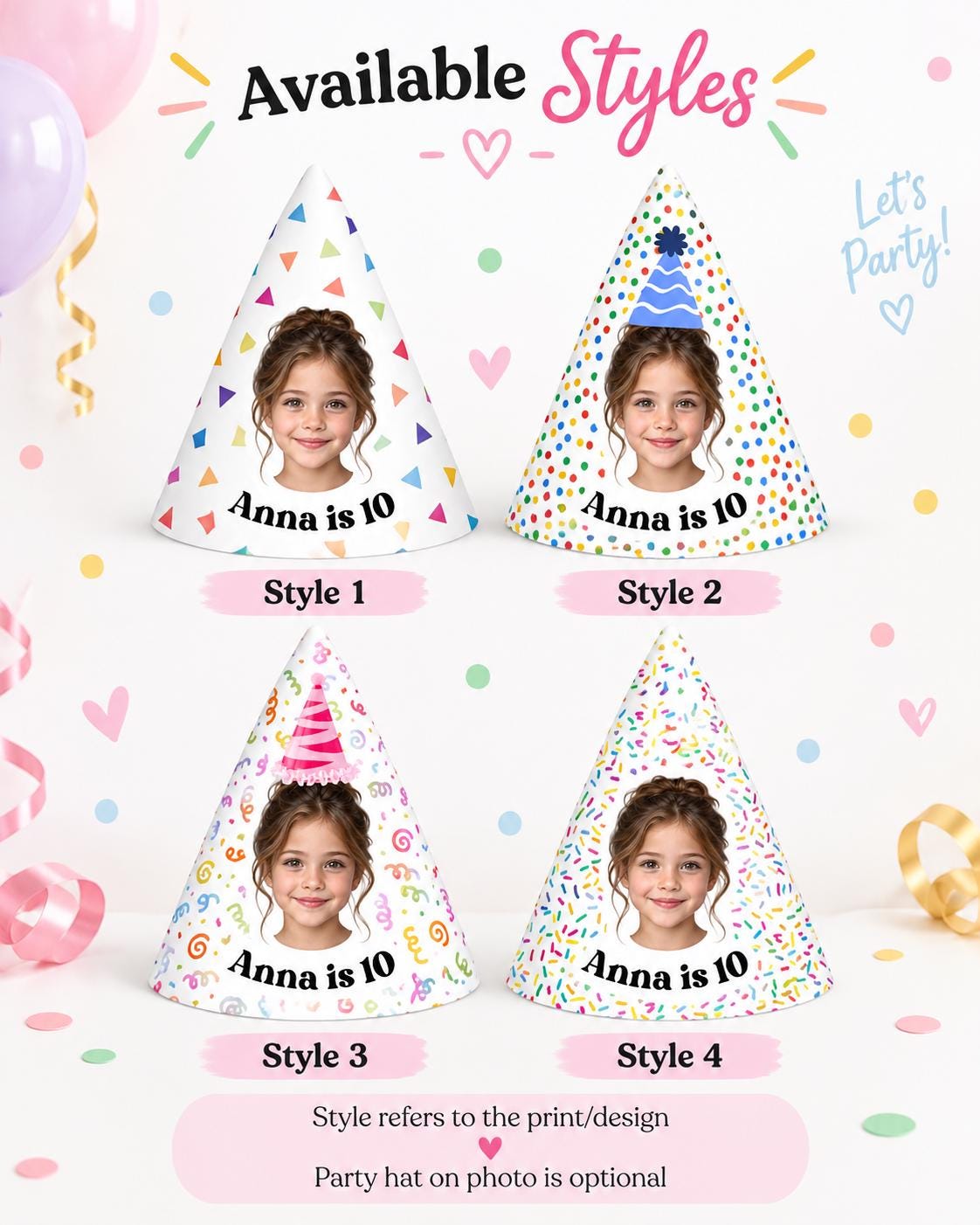 Personalized Photo Birthday Party Hats, Custom Face Party Hat, Name and Age Cone Hats, Kids Birthday Decor, Custom Party Favors