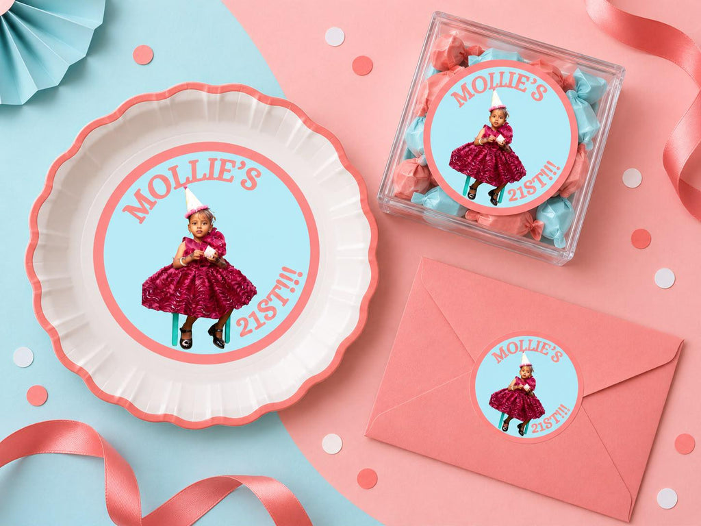 Custom Birthday Photo Stickers, Personalized Birthday Stickers, Photo Party Labels, Custom Age Stickers, Birthday Favor Stickers