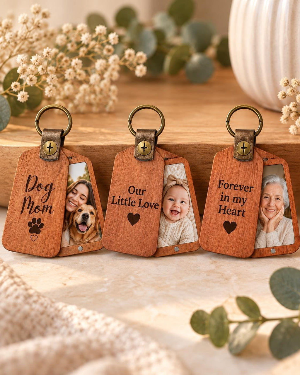Personalized Wooden Photo Keychain, Laser Engraved Keychain, Custom Picture Keyring, Mom Dad Couple Pet Memorial Gift