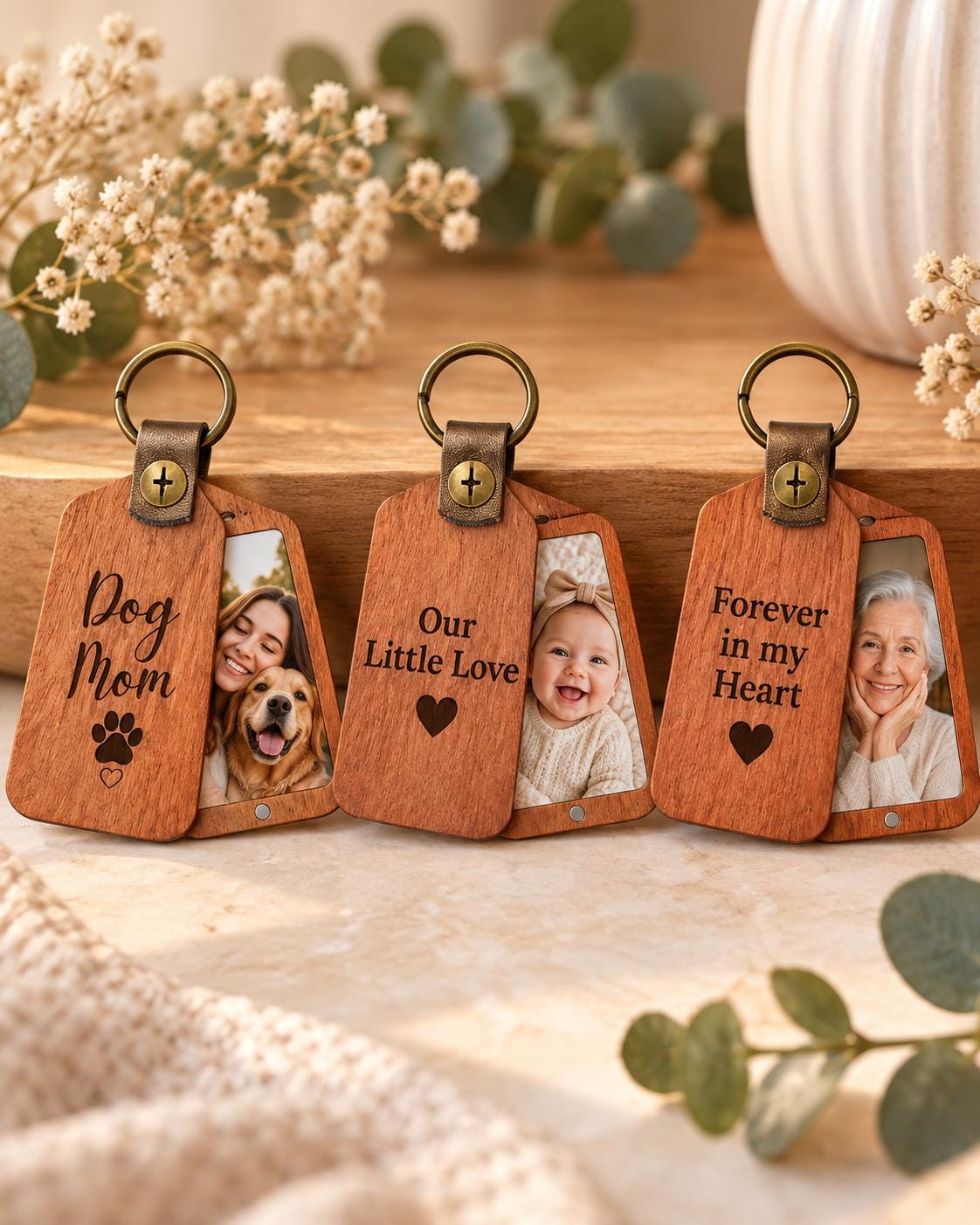 Personalized Wooden Photo Keychain, Laser Engraved Keychain, Custom Picture Keyring, Mom Dad Couple Pet Memorial Gift