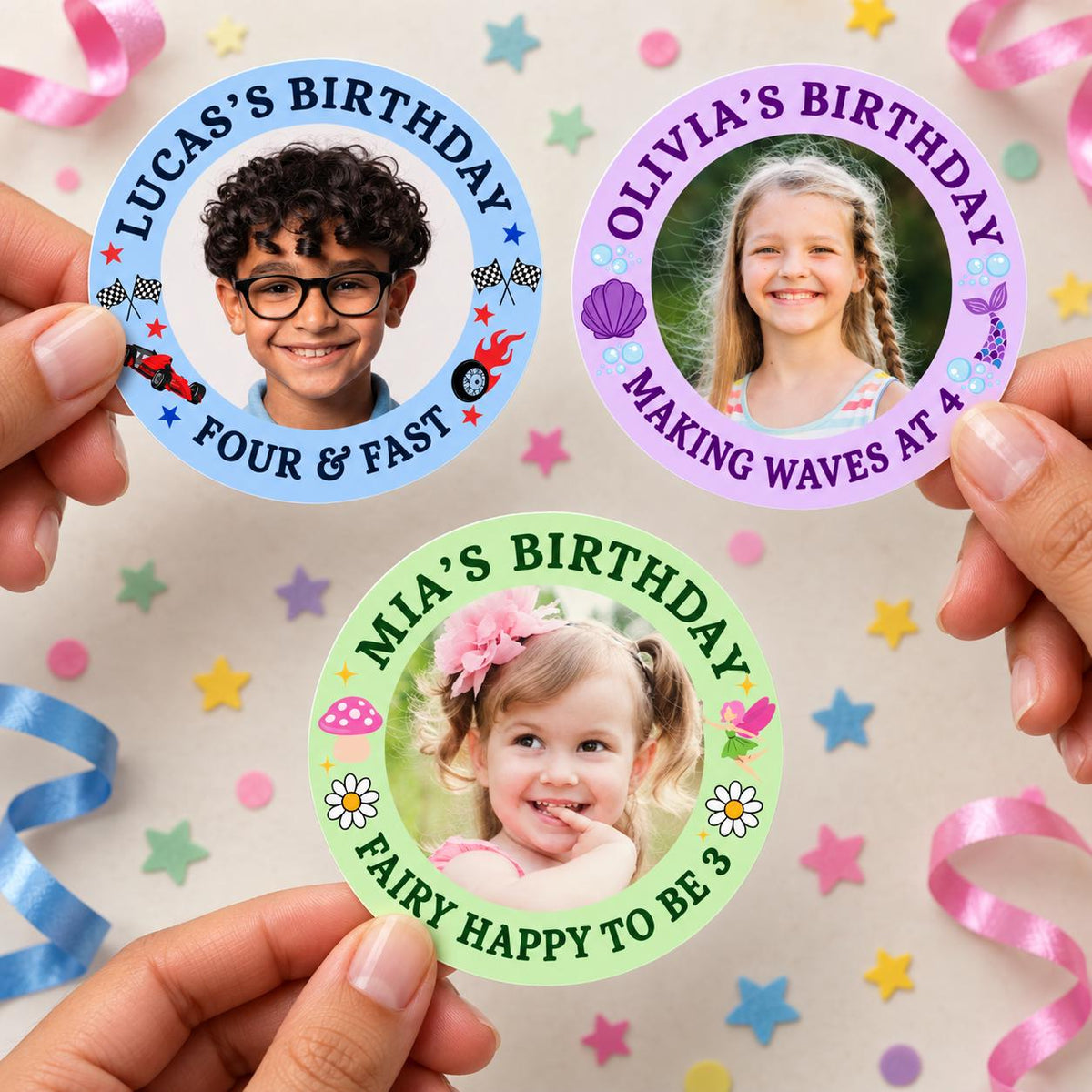 Personalized Birthday Stickers, Custom Photo Stickers with Name and Age, Birthday Cup Stickers, Kids Party Favor Labels