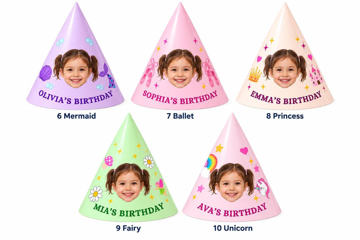 Personalized Photo Birthday Party Hats, Custom Face Hats for Kids, Themed Birthday Party Favors, Dinosaur, Unicorn & Mermaid
