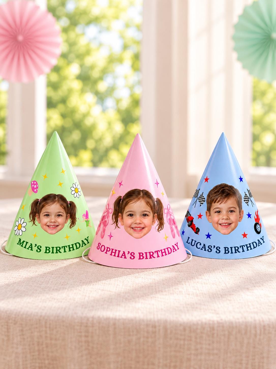 Personalized Photo Birthday Party Hats, Custom Face Hats for Kids, Themed Birthday Party Favors, Dinosaur, Unicorn & Mermaid