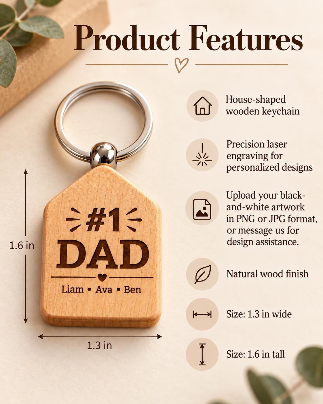 Personalized Wooden Keychain, Custom Laser Engraved Keychain, Wood House Keychain, Custom Logo Keychain, Personalized Gift, Bulk Keychains