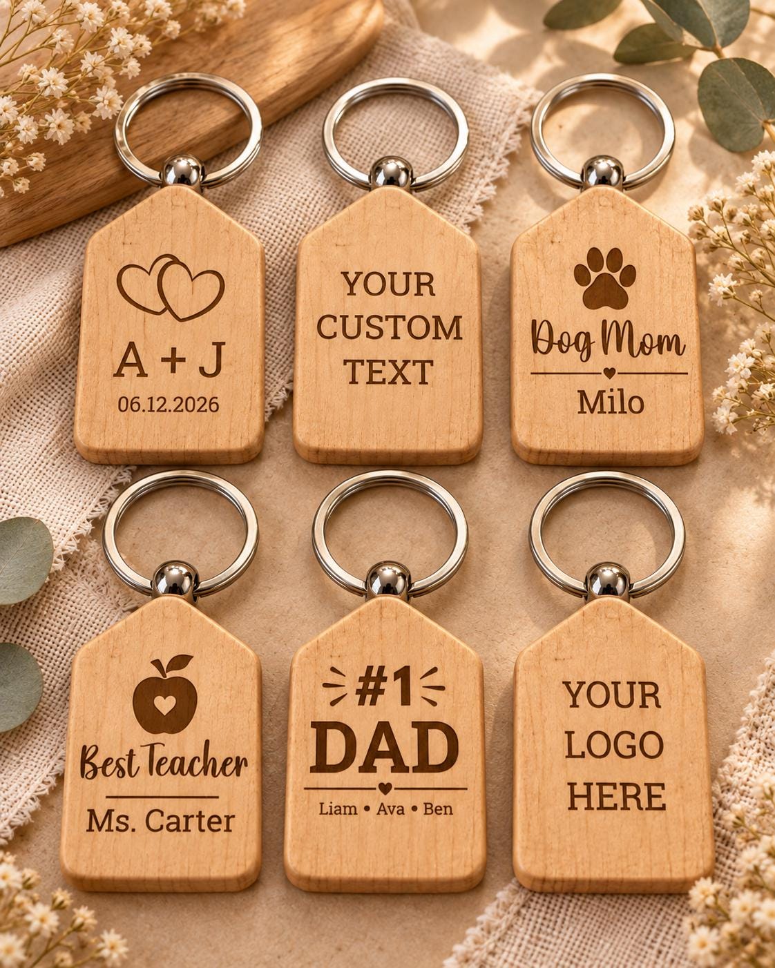 Personalized Wooden Keychain, Custom Laser Engraved Keychain, Wood House Keychain, Custom Logo Keychain, Personalized Gift, Bulk Keychains