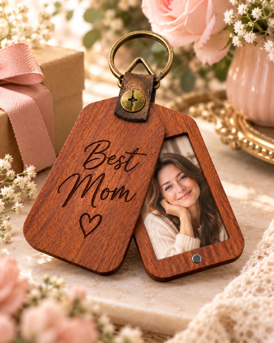 Personalized Wooden Photo Keychain, Laser Engraved Keychain, Custom Picture Keyring, Mom Dad Couple Pet Memorial Gift