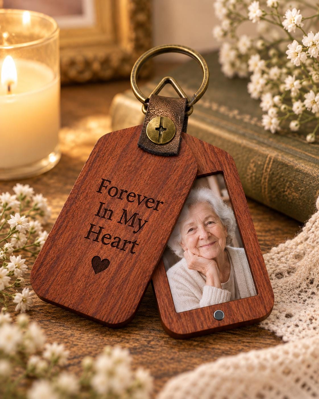 Personalized Wooden Photo Keychain, Laser Engraved Keychain, Custom Picture Keyring, Mom Dad Couple Pet Memorial Gift