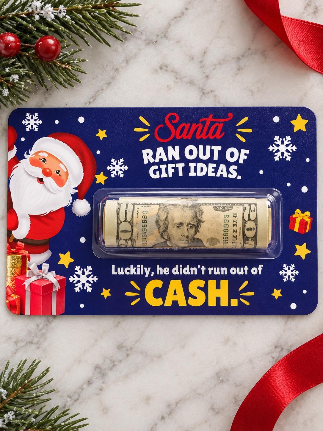 Christmas Money Holder Card, Funny Cash Gift with Clear Dome, Holiday Stocking Stuffer, Secret Santa Gift, 3x5 Cash Holder