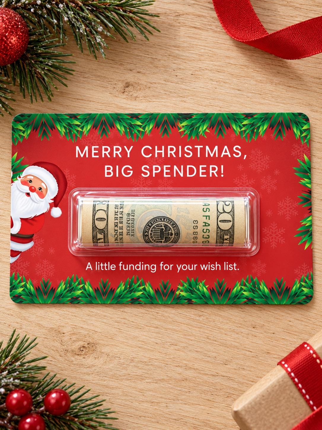 Christmas Money Holder Card, Funny Cash Gift with Clear Dome, Holiday Stocking Stuffer, Secret Santa Gift, 3x5 Cash Holder