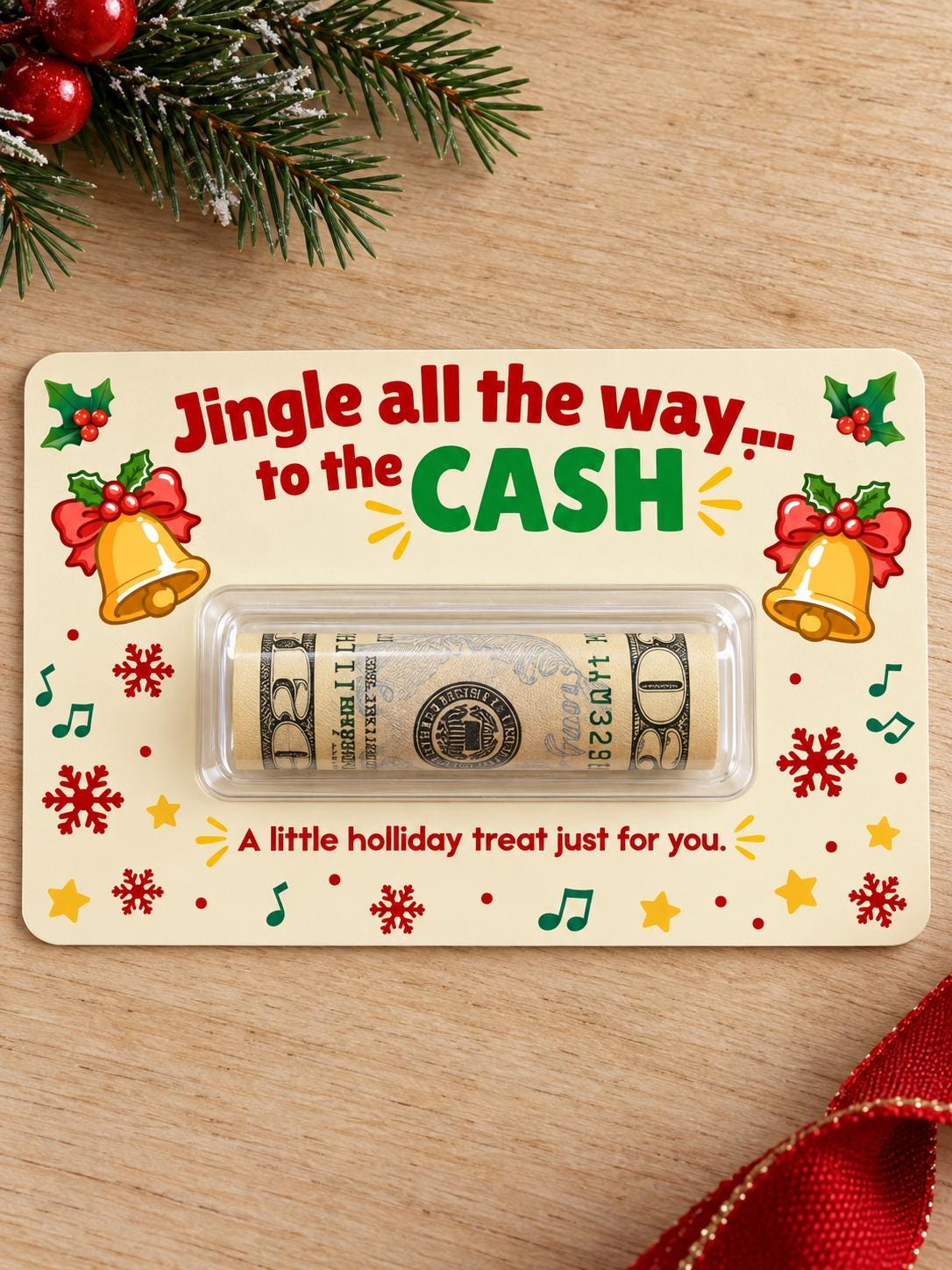 Christmas Money Holder Card, Funny Cash Gift with Clear Dome, Holiday Stocking Stuffer, Secret Santa Gift, 3x5 Cash Holder