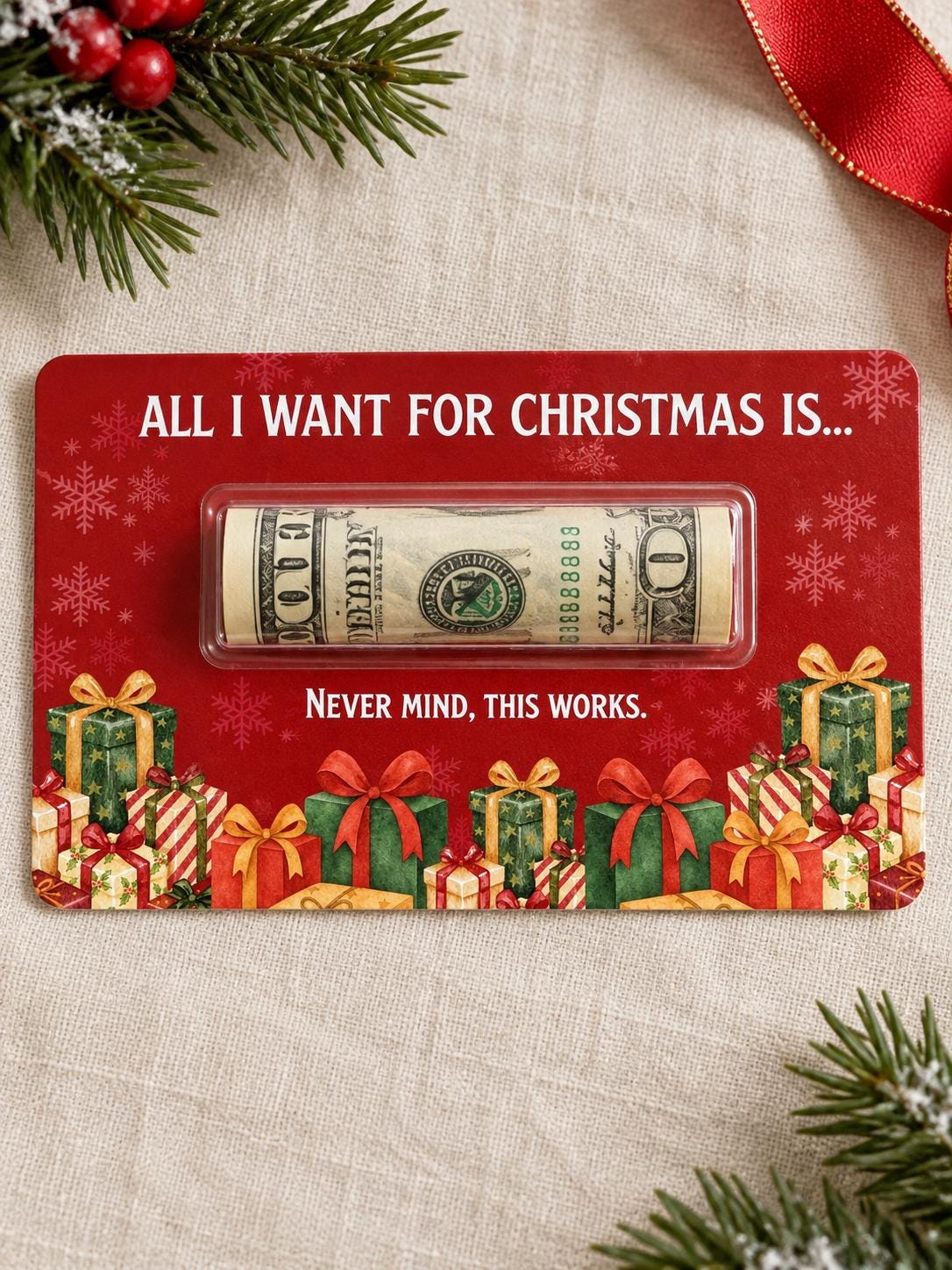 Christmas Money Holder Card, Funny Cash Gift with Clear Dome, Holiday Stocking Stuffer, Secret Santa Gift, 3x5 Cash Holder