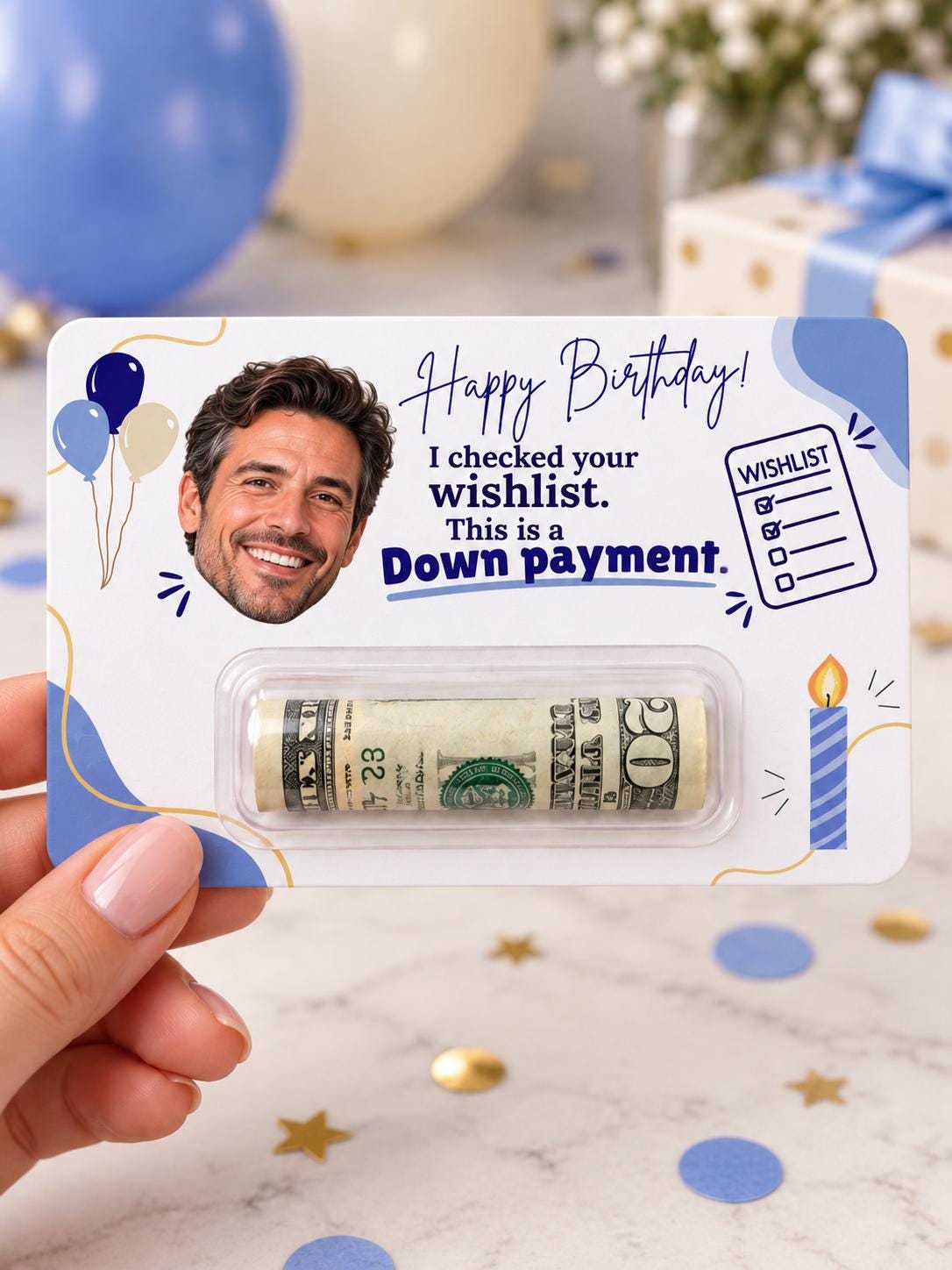 Personalized Birthday Money Holder with Photo, Funny Cash Gift Card for Adults, Custom Face Birthday Gift for Mom, Dad, Friends, Him or Her