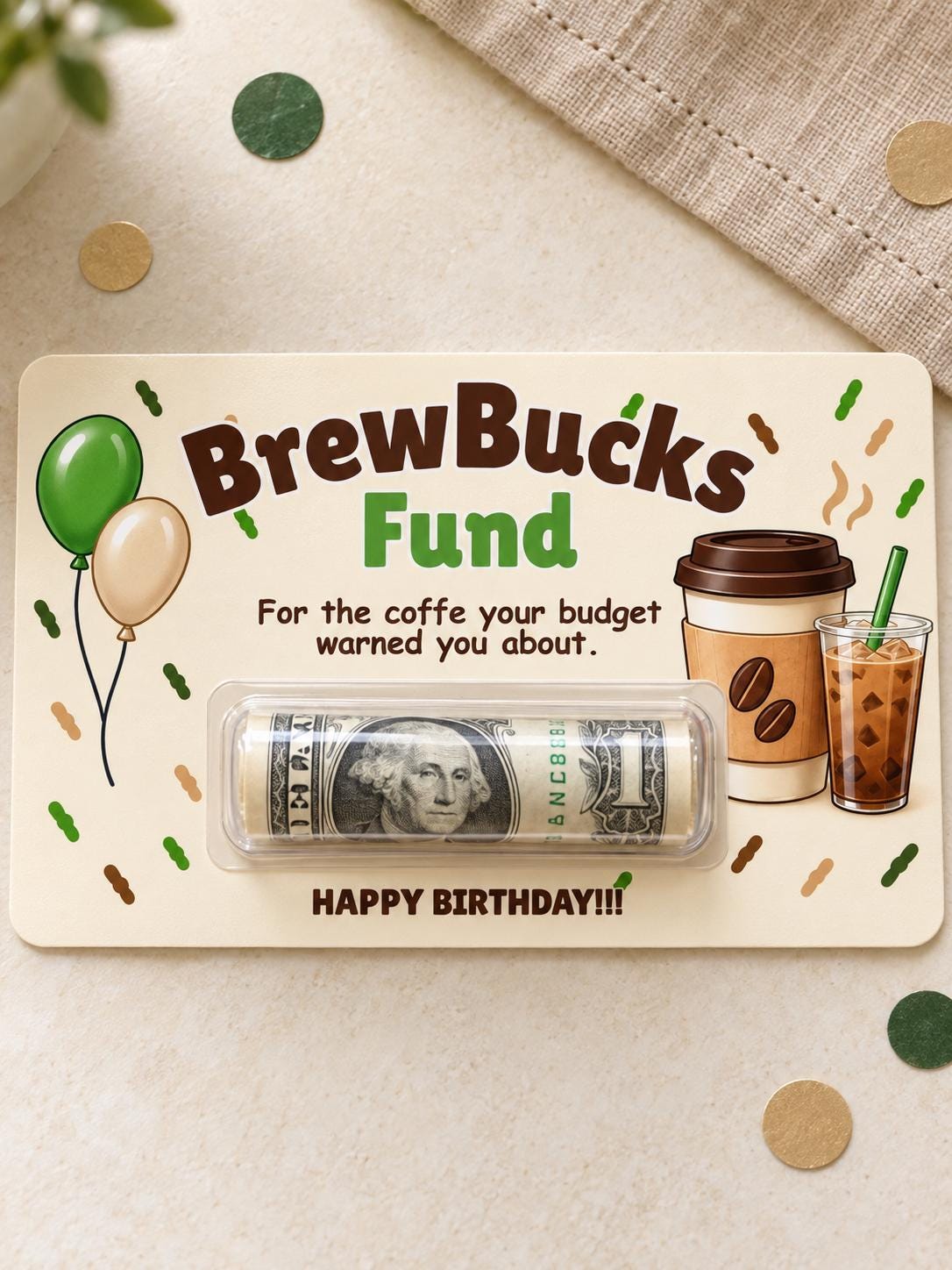 Funny Birthday Money Holder Card Set, Cash Gift Cards with Clear Plastic Domes, 11 Designs, 3x5 Inch, Coffee, Food & Shopping Birthday Gifts
