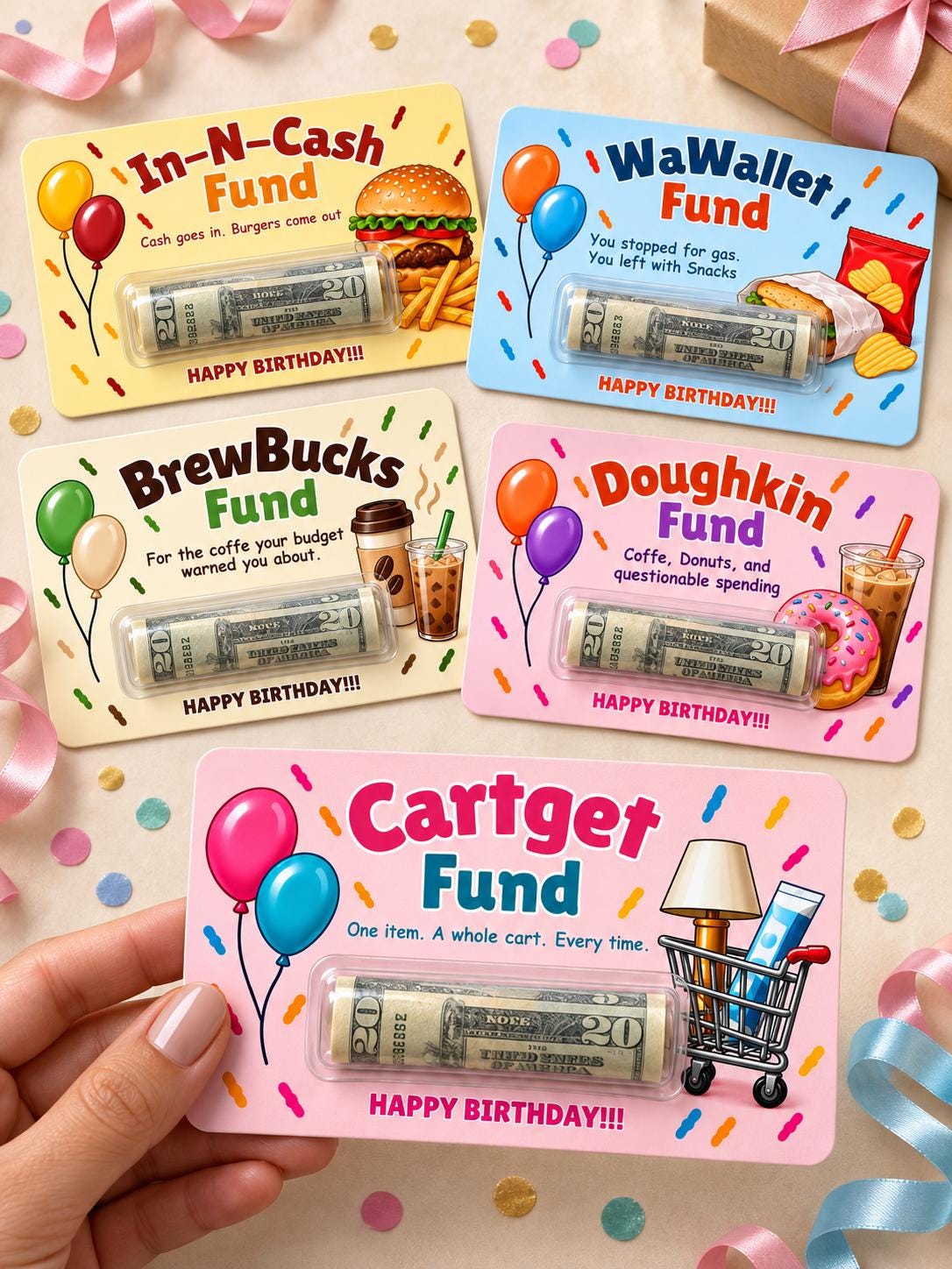 Funny Birthday Money Holder Card Set, Cash Gift Cards with Clear Plastic Domes, 11 Designs, 3x5 Inch, Coffee, Food & Shopping Birthday Gifts