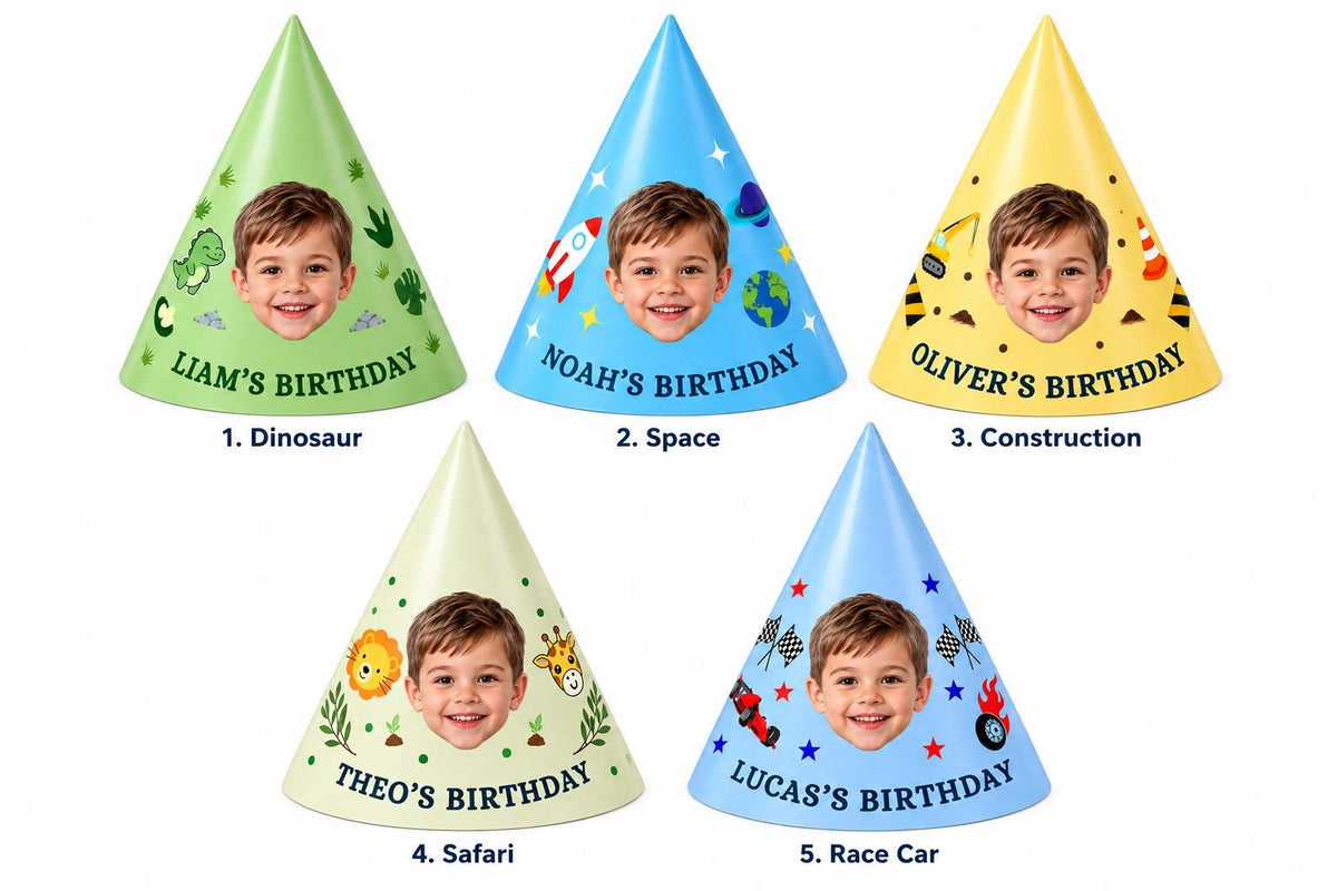 Personalized Photo Birthday Party Hats, Custom Face Hats for Kids, Themed Birthday Party Favors, Dinosaur, Unicorn & Mermaid