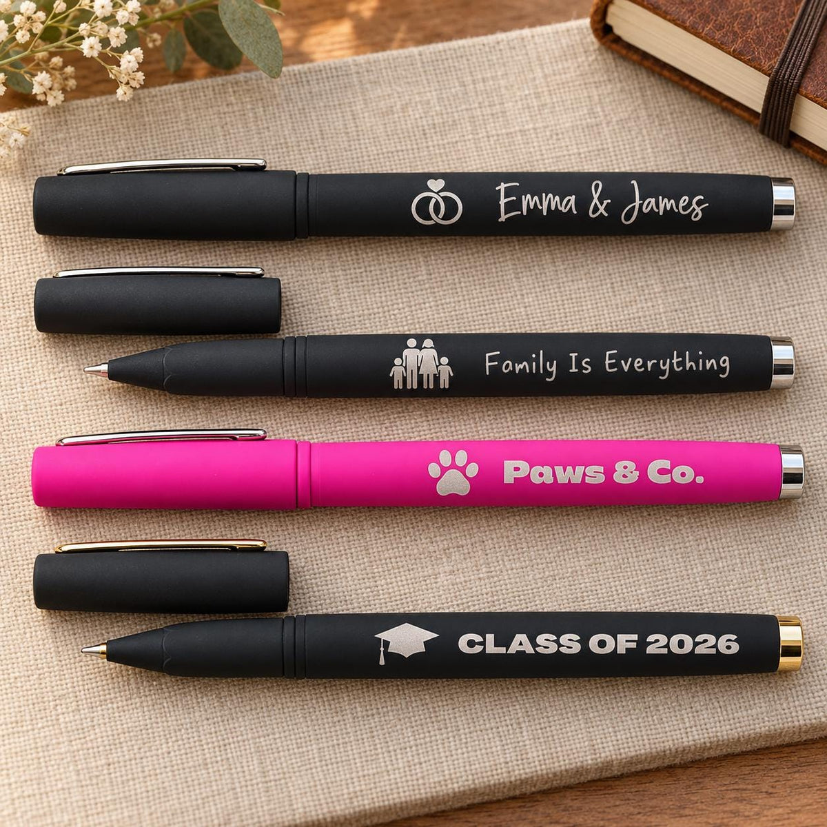 Personalized Laser Engraved Pens, Custom Logo or Name Pen, Matte Black Ink Pens, Business Promotional Gifts, Teacher & Coworker Gifts