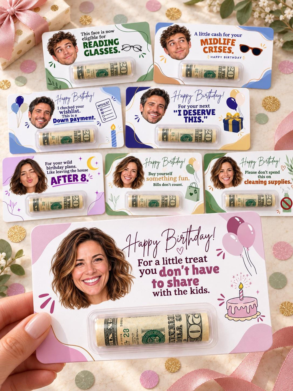 Personalized Birthday Money Holder with Photo, Funny Cash Gift Card for Adults, Custom Face Birthday Gift for Mom, Dad, Friends, Him or Her
