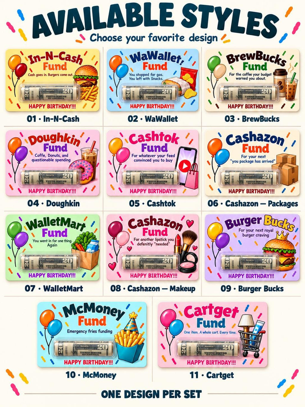 Funny Birthday Money Holder Card Set, Cash Gift Cards with Clear Plastic Domes, 11 Designs, 3x5 Inch, Coffee, Food & Shopping Birthday Gifts
