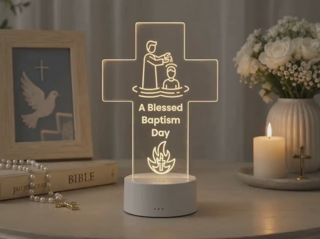 Personalized Christian Cross LED Lamp, Baptism Gift, Religious Night Light, First Communion Decor, Faith Gift for Baby, Godchild Gift