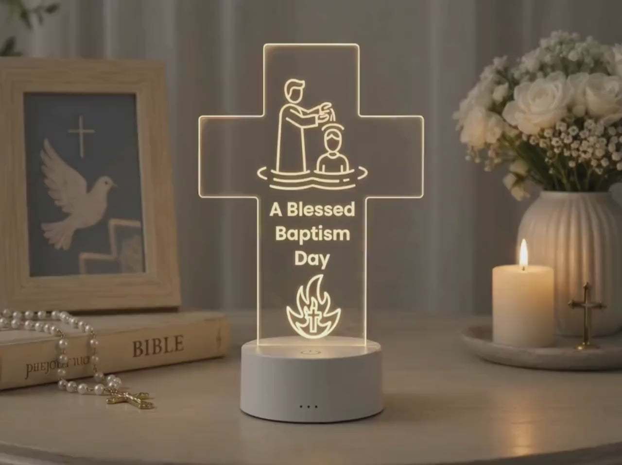 Personalized Christian Cross LED Lamp, Baptism Gift, Religious Night Light, First Communion Decor, Faith Gift for Baby, Godchild Gift