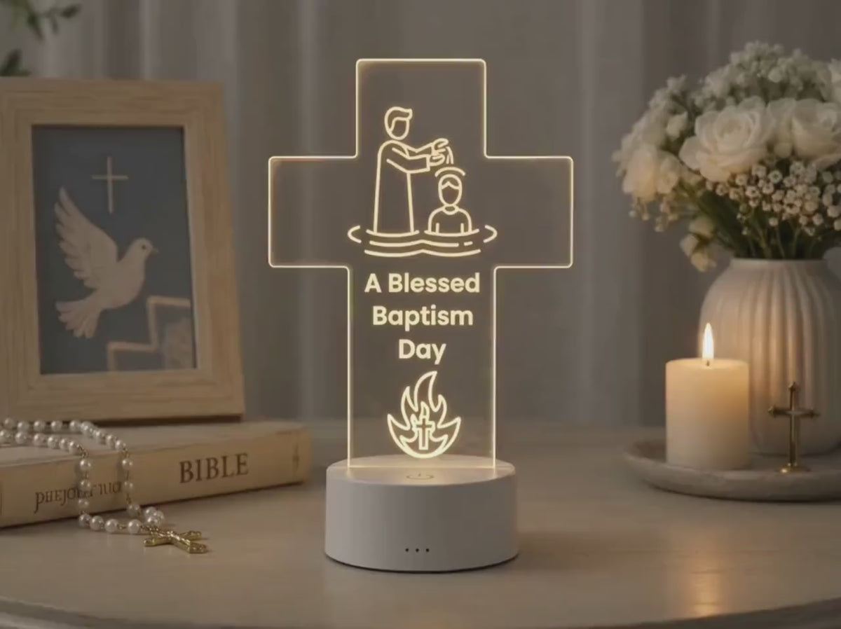 Personalized Christian Cross LED Lamp, Baptism Gift, Religious Night Light, First Communion Decor, Faith Gift for Baby, Godchild Gift