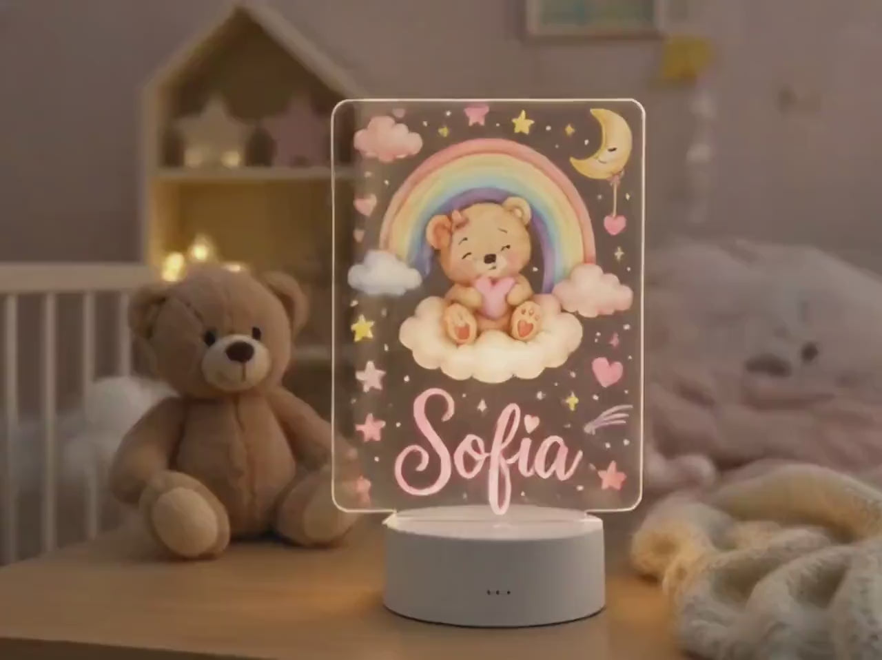 Personalized Teddy Bear Night Light, Custom Name Nursery Lamp, Baby Girl Room Decor, Rainbow Bear LED Lamp, Baby Shower Gift