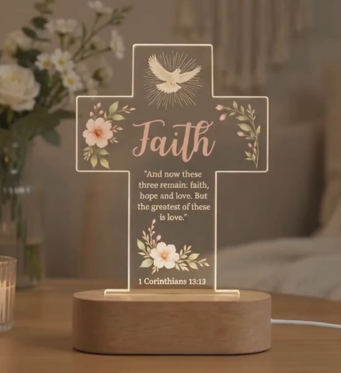 Christian Cross LED Night Light, Faith Hope Love Lamp, 1 Corinthians 13:13 Religious Gift, Baptism Gift, Warm White Decor, Gitf for Her