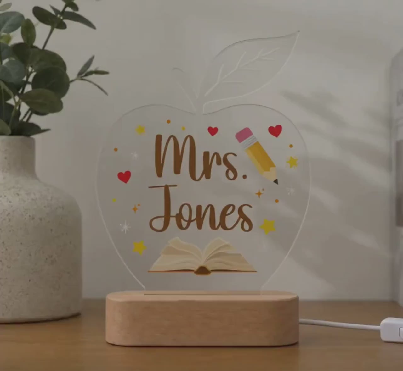 Personalized Teacher Apple Night Light, Custom Name Acrylic Lamp, Teacher Desk Decor, Classroom Gift, Back to School Gift
