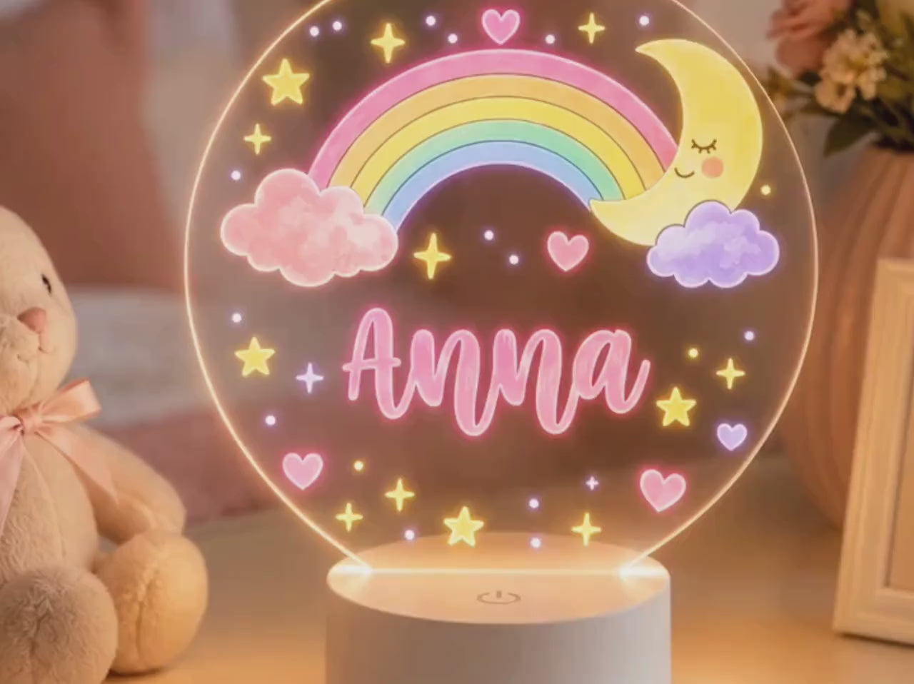 Personalized Baby Night Light, Custom Name Nursery Lamp, Rainbow Moon LED Lamp, Girls Room Decor, Baby Shower Gift, Pink Nursery Decor