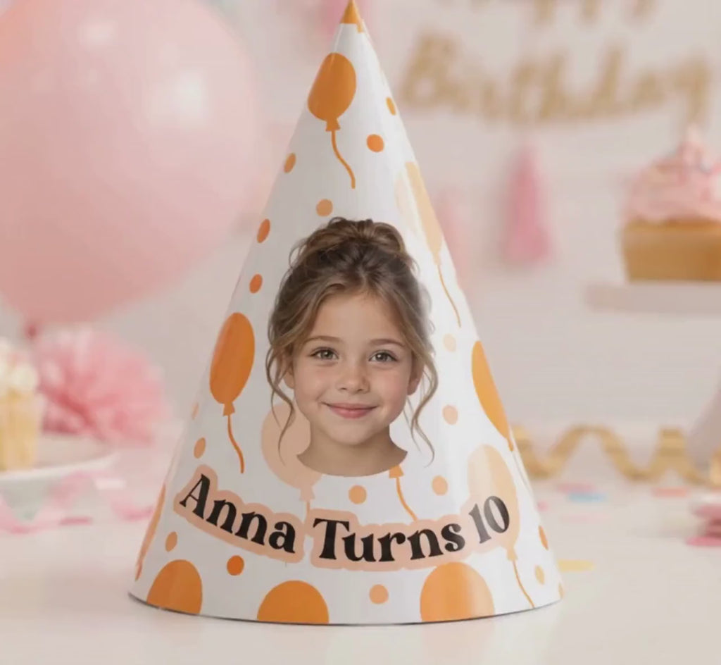 Personalized Birthday Party Hats with Photo, Custom Face Party Hat, Balloon Birthday Hat, Kids & Adult Cone Hat, Birthday Party Decor