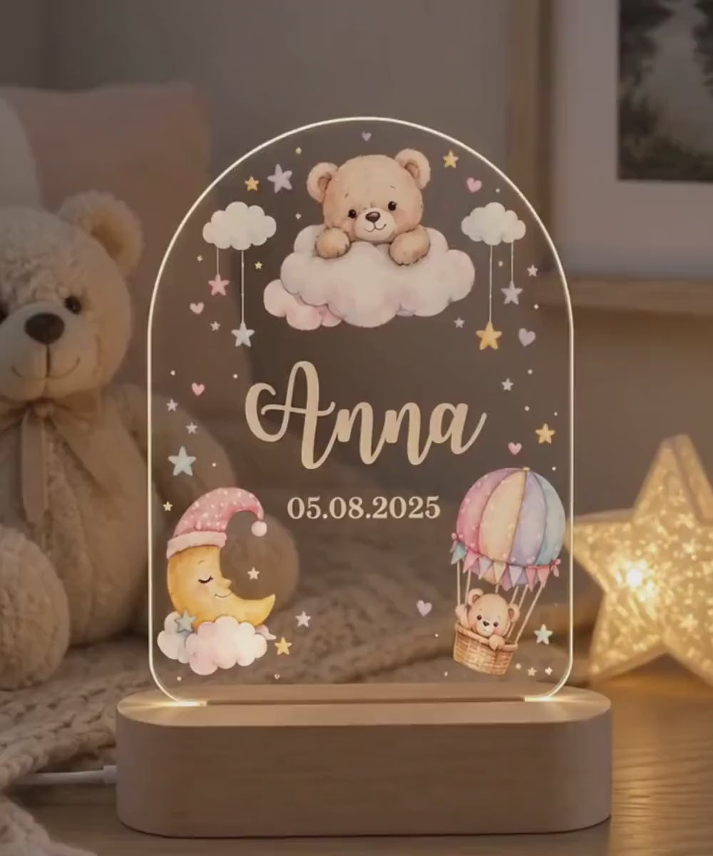 Personalized Baby Night Light, Custom Name Nursery Lamp, Teddy Bear LED Lamp, Baby Girl Gift, Birth Date Keepsake, Bedroom Decor