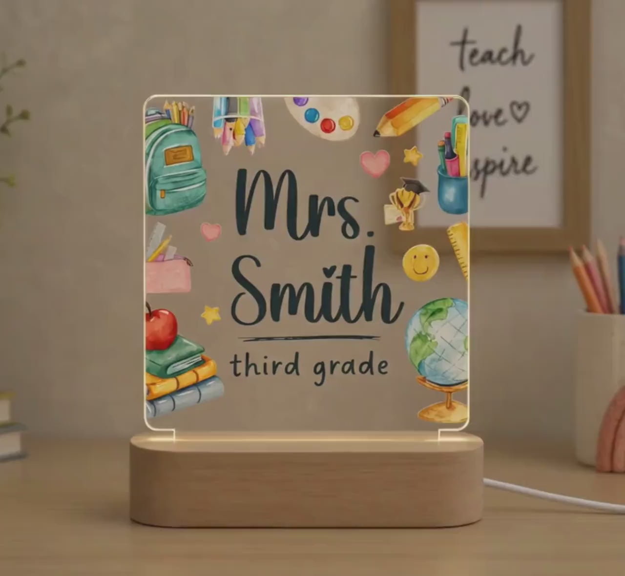 Personalized Teacher Night Light, Custom Teacher Name LED Lamp, Classroom Desk Decor, Teacher Appreciation Gift, Back to School Gift