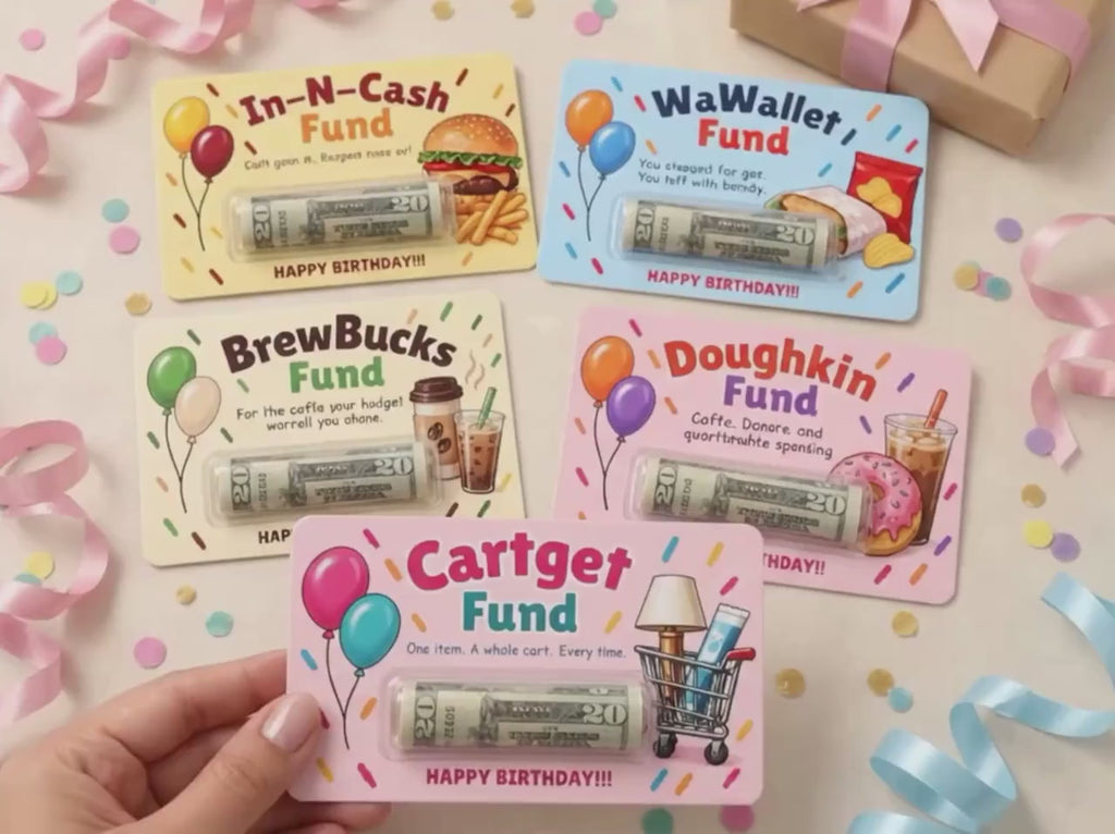 Funny Birthday Money Holder Card Set, Cash Gift Cards with Clear Plastic Domes, 11 Designs, 3x5 Inch, Coffee, Food & Shopping Birthday Gifts