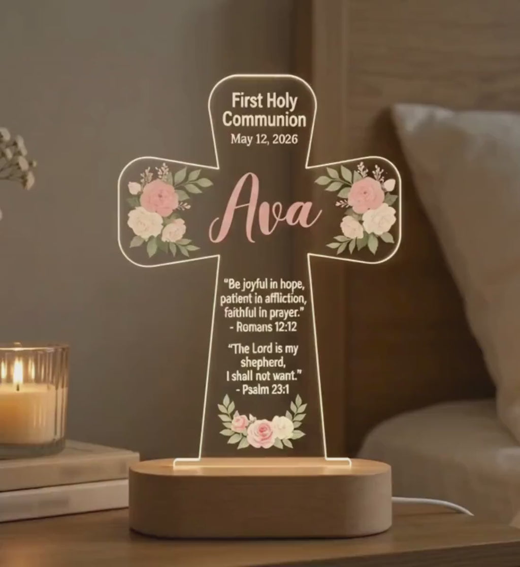 Personalized First Communion Cross Lamp, Custom Name LED Night Light, Religious Gift for Girl or Boy, Holy Communion Keepsake