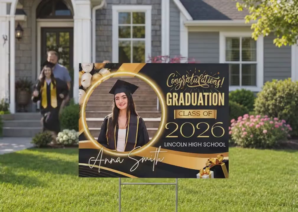 Personalized Graduation Yard Sign | Class of 2026 Black Gold Congrats Lawn Decor