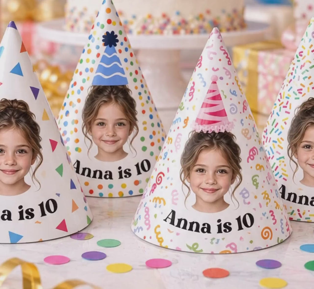 Personalized Photo Birthday Party Hats, Custom Face Party Hat, Name and Age Cone Hats, Kids Birthday Decor, Custom Party Favors