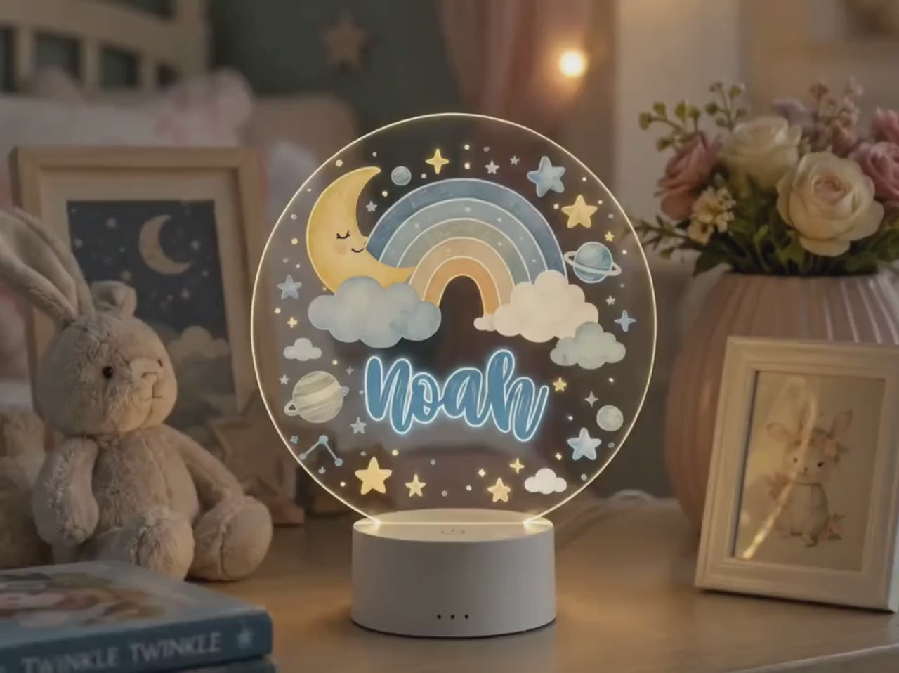 Personalized Baby Night Light, Custom Name Nursery Lamp, Moon Rainbow Stars LED Light, Baby Shower Gift, Kids Room Decor, Newborn Gift