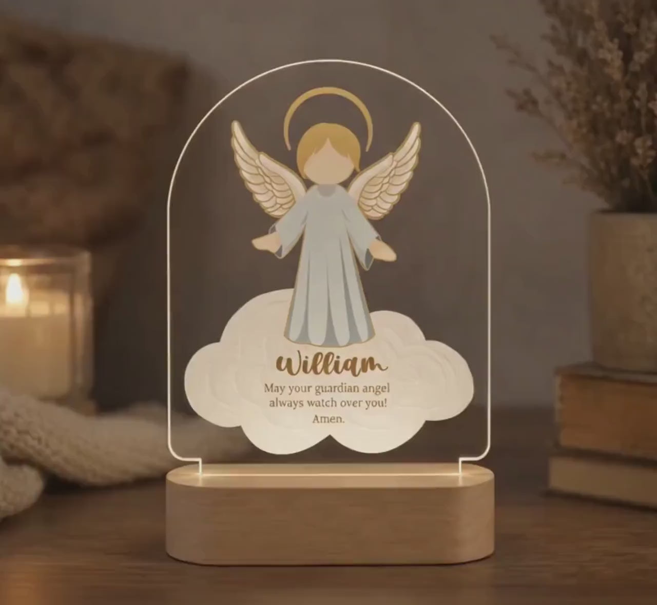 Personalized Guardian Angel Night Light, Custom Name Acrylic Lamp, Christian Baby Gift, Baptism Christening Nursery Decor