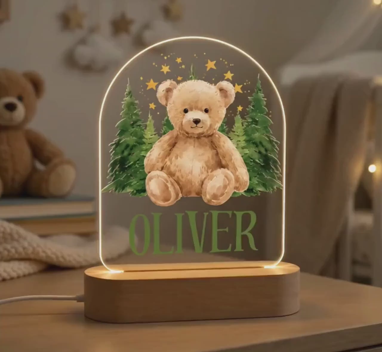 Personalized Teddy Bear Night Light, Custom Woodland Nursery Lamp, Baby Boy Name LED Light, Forest Bear Decor, Baby Shower Gift
