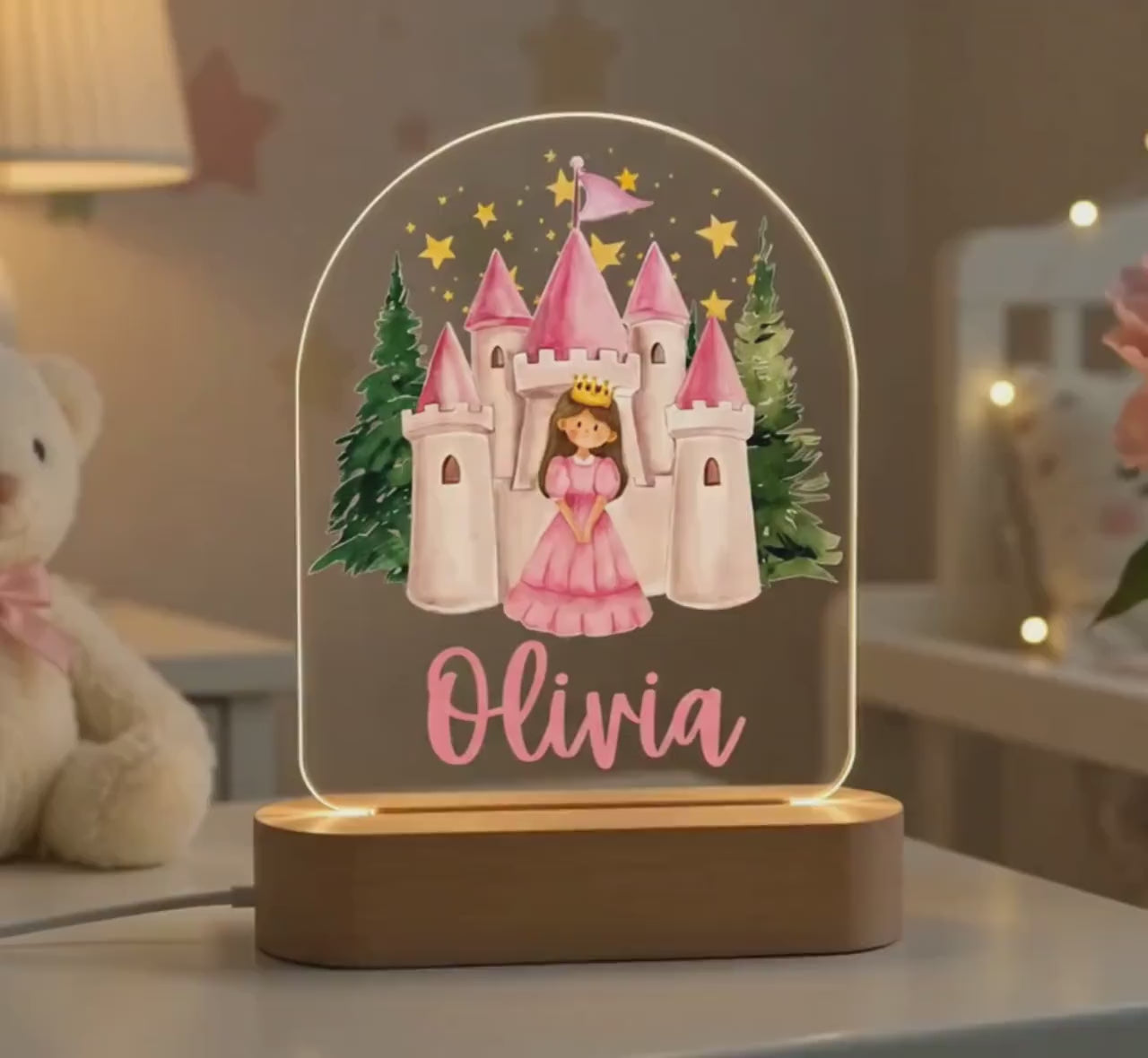Personalized Princess Night Light, Custom Castle Nursery Lamp, Baby Girl Name LED Light, Pink Bedroom Decor, Princess Gift