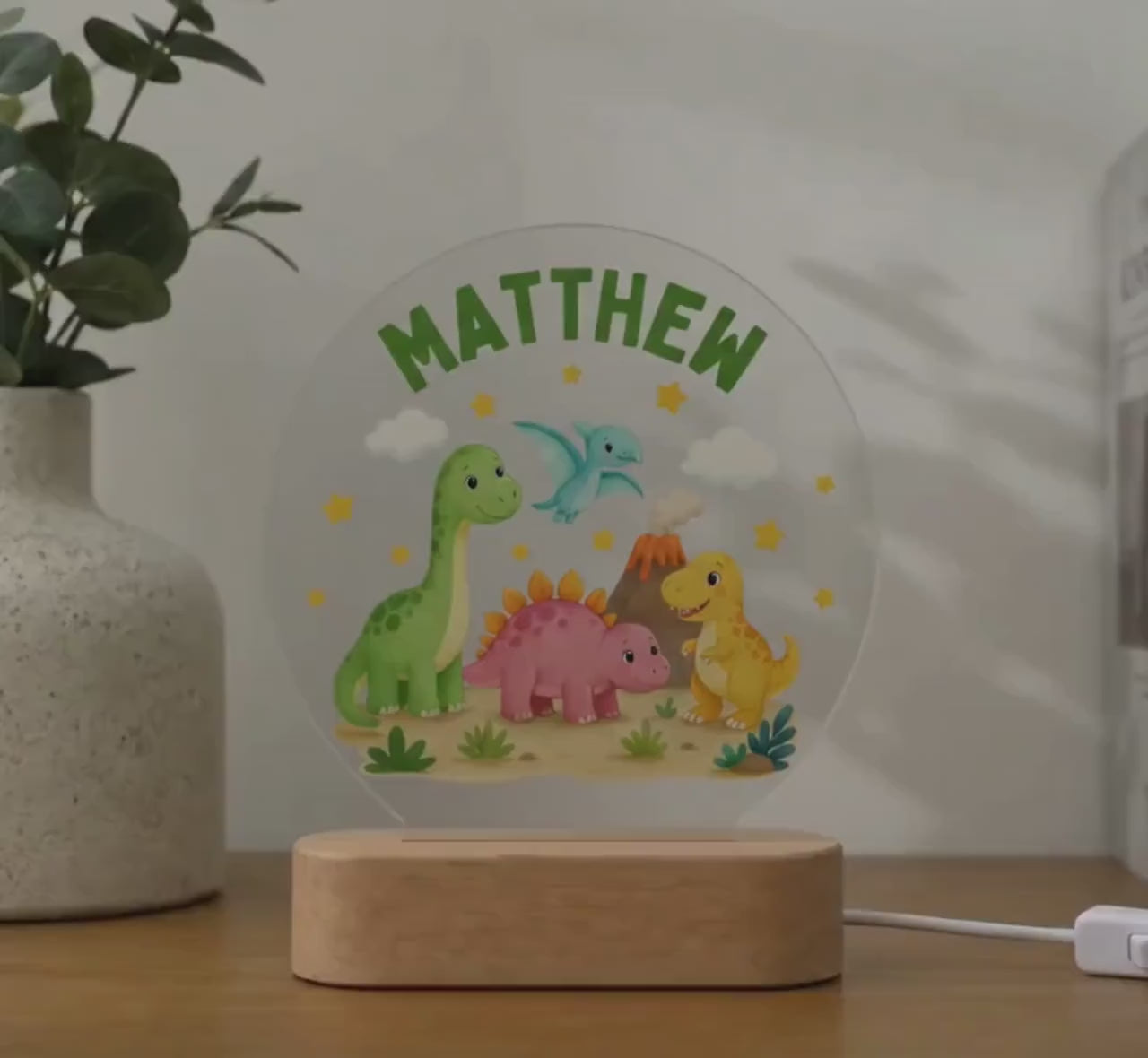 Personalized Dinosaur Night Light for Kids, Custom Name Acrylic Lamp, Dinosaur Nursery Decor, Boys Bedroom Light, Child Birthday Gift