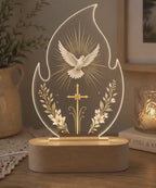 Religious Flame LED Night Light, Holy Spirit Dove Lamp, Christian Acrylic Lamp, Baptism Gift, Faith Decor, Warm White Wooden Base