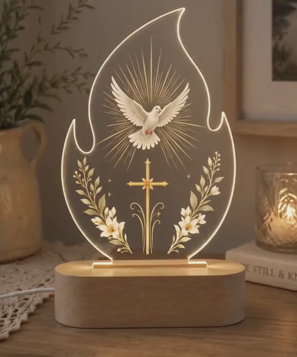Religious Flame LED Night Light, Holy Spirit Dove Lamp, Christian Acrylic Lamp, Baptism Gift, Faith Decor, Warm White Wooden Base